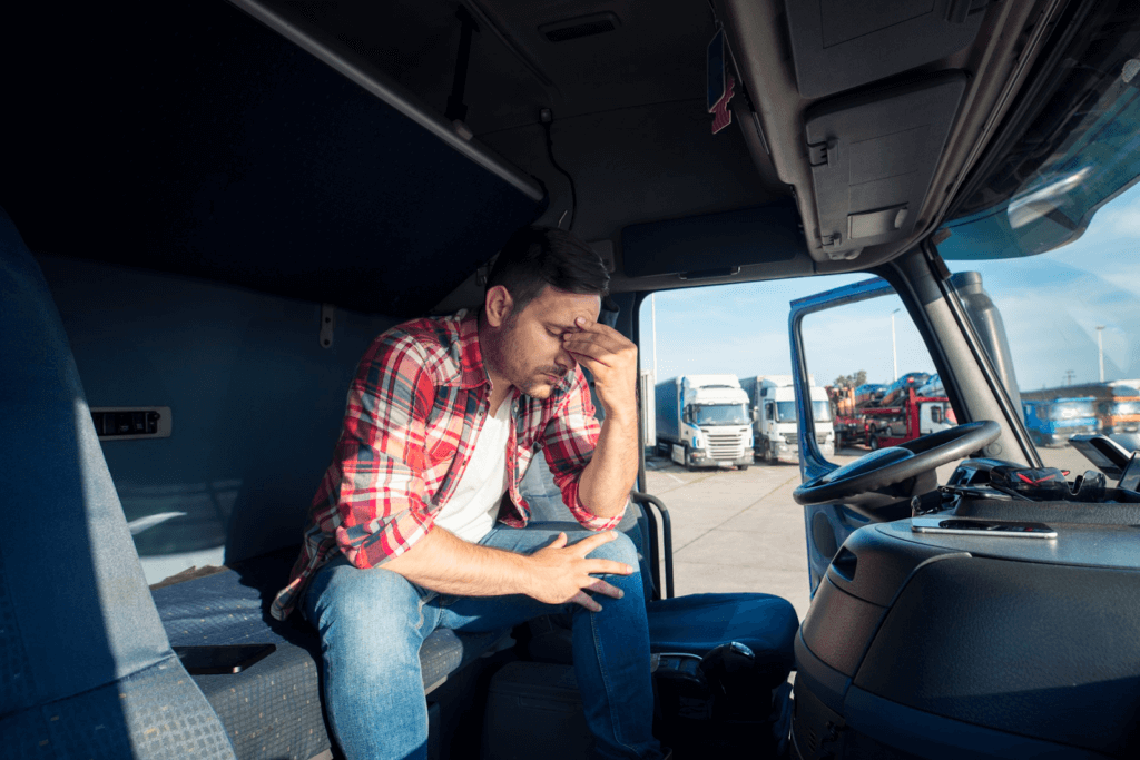 Truck driver sitting in the driver's seat and stressed out by all the DOT Compliance paperwork he has to deal with